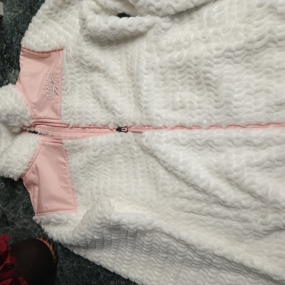 White and Pink Fleece Jacket by Reebok